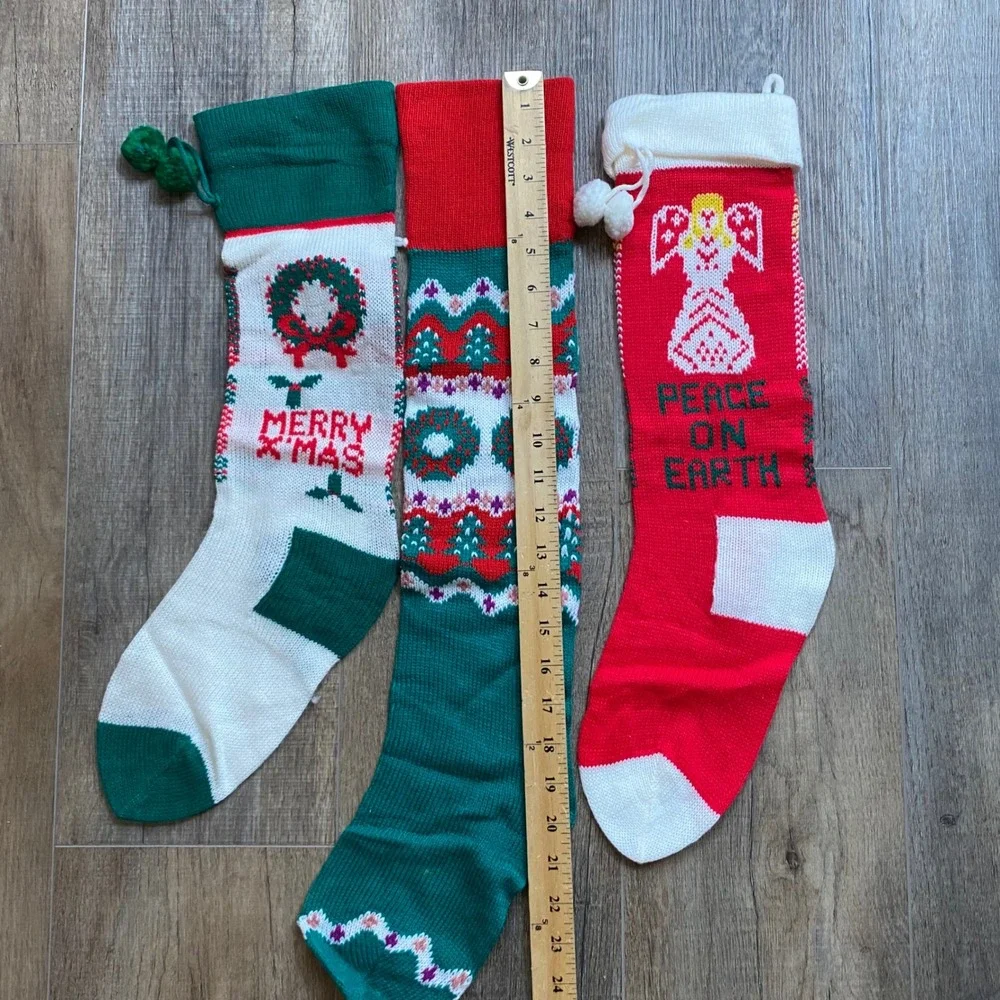Knit Christmas Stockings Set of 3 Merry X-Mas Peace On Earth Wreath Retro